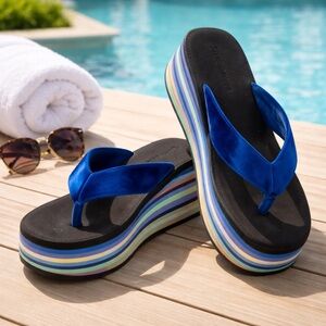 Steve Madden  Blue and Green tan Striped Platform Sandals women’s 9.5